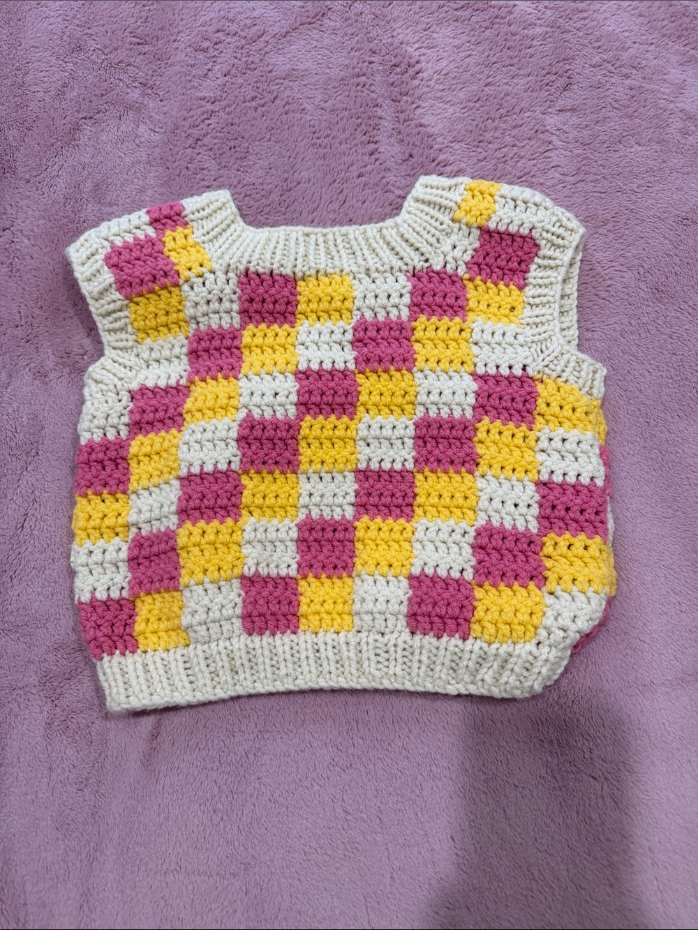 2t 3t Handmade Kids Crochet Checkerboard Vest - Cream, Pink & Yellow